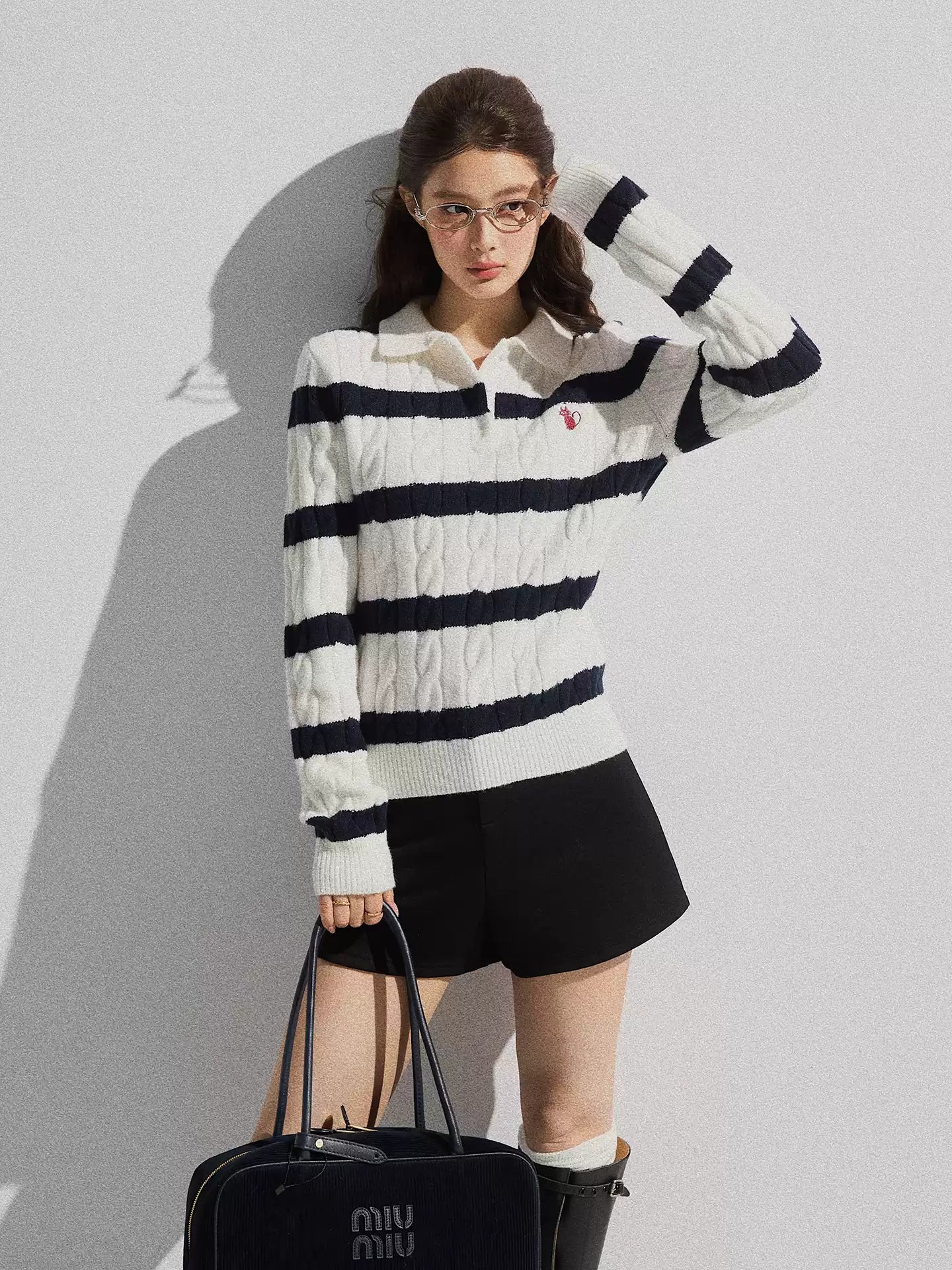 Therous New Korean Style Women's Autumn Loose Knitted Striped Polo Collar Sweater