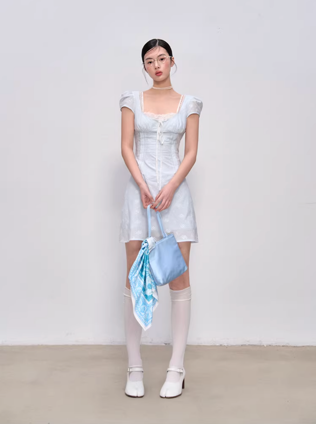 LaluneDuCiel Pure cotton long/short dress with square neck, slim waist, lace for women, suitable for spring