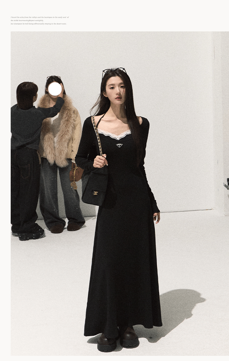 OAKMOO Black Two-piece Long Sleeve Faux Lace Halter Neck Waist Tie Dress, Autumn/Winter Long Dress with Waist Tie