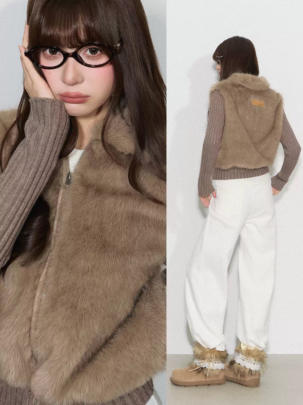 CYNI 【Caramel Afternoon】Millard Retro Plush Patchwork Short Two-Piece Faux Fur Coat for Women