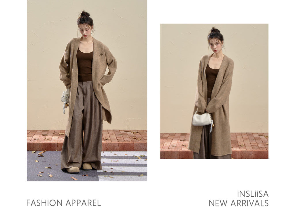 INSLIISA Women's Korean Style Loose and Fluffy Slim Long Wool Coat New Autumn Style Camel Color Niche Coat