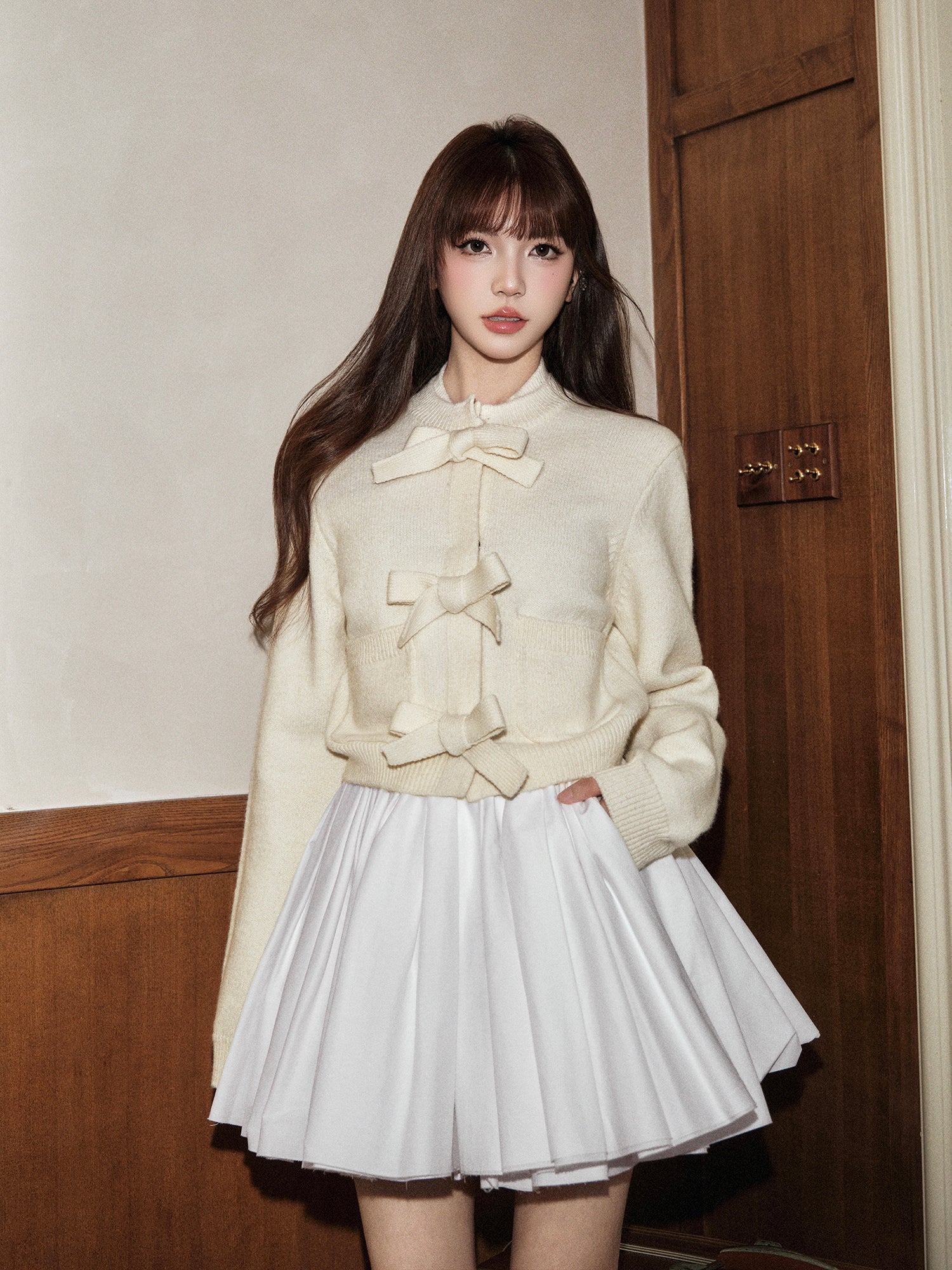 Avenement warm high quality Korean style long sleeve bow tie cardigan for women