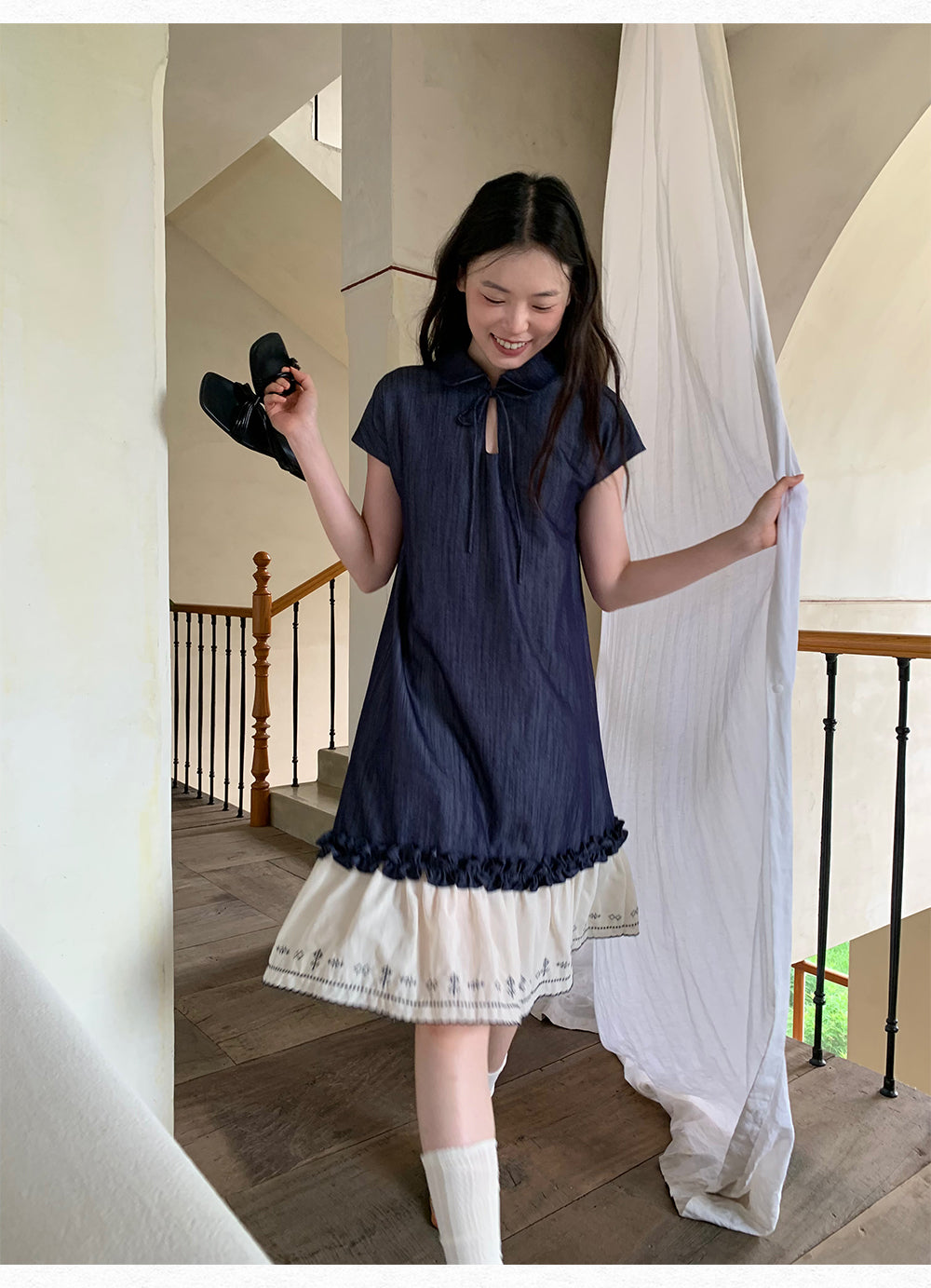 DORYDORY New Chinese style women's embroidered patchwork dress, super beautiful and unique design, blue dress.