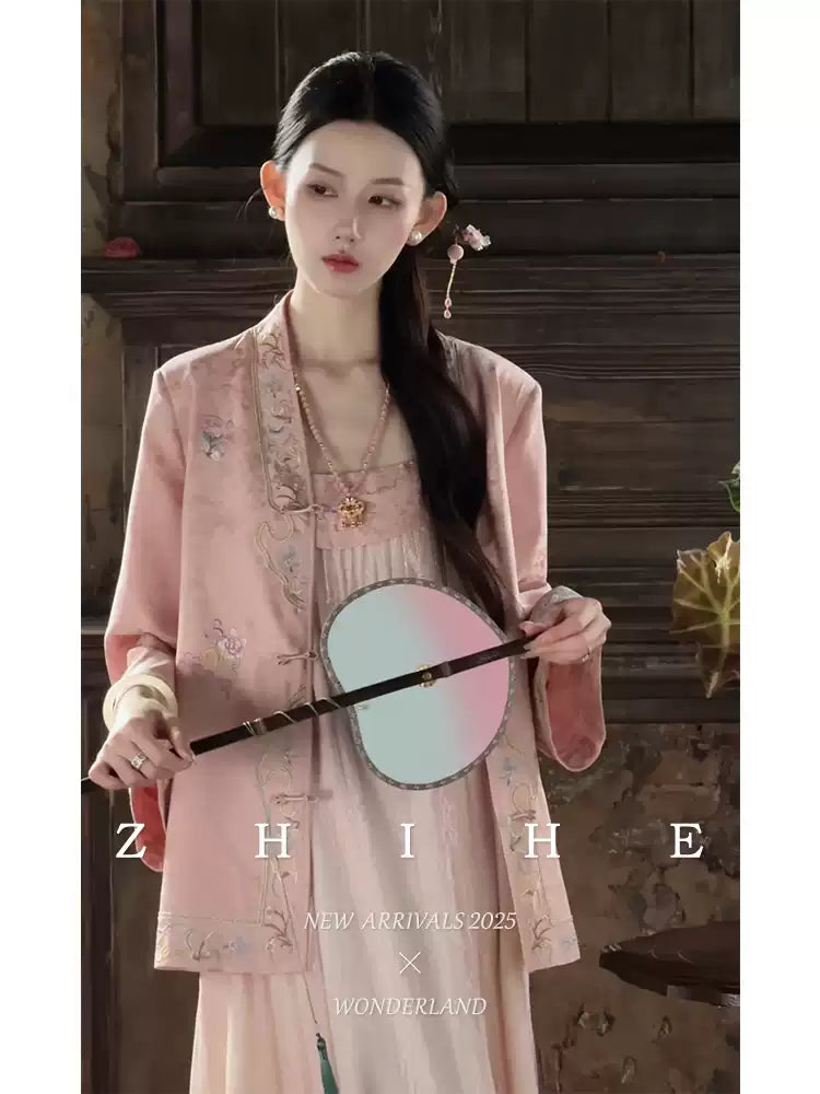 Hibiscus flower drunk jade jacket Jacquard embroidered linggong style New floral bed + fringed lace skirt
