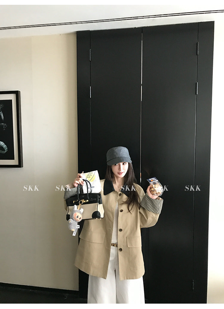 SKK High quality khaki jacket with multi-color plaid pattern, short and loose fit, autumn style for women.