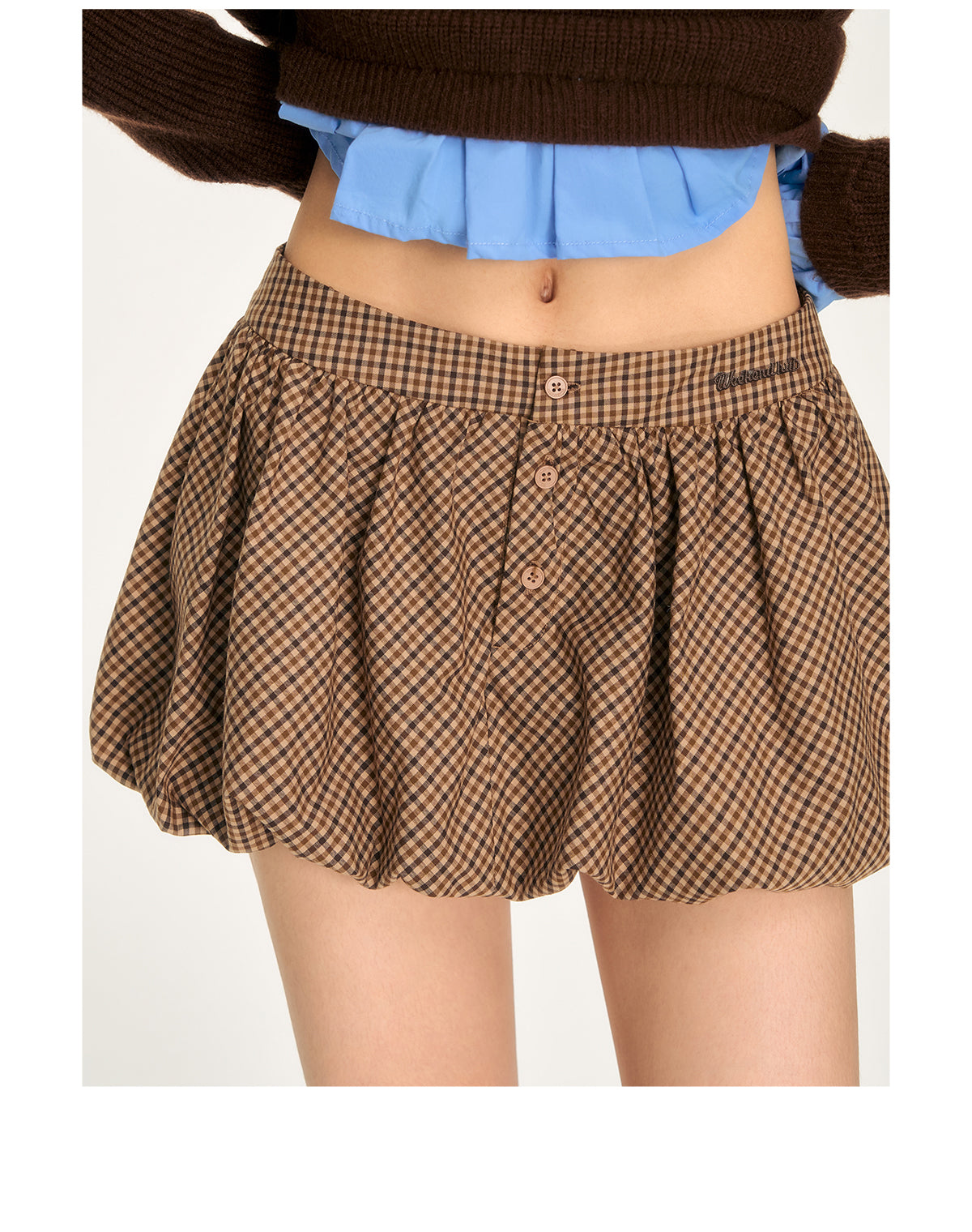 WEEKENDHUB チューリップブラウンチェックスカート、2025年新作デザイン、秋の女性のための美しいAラインスカート