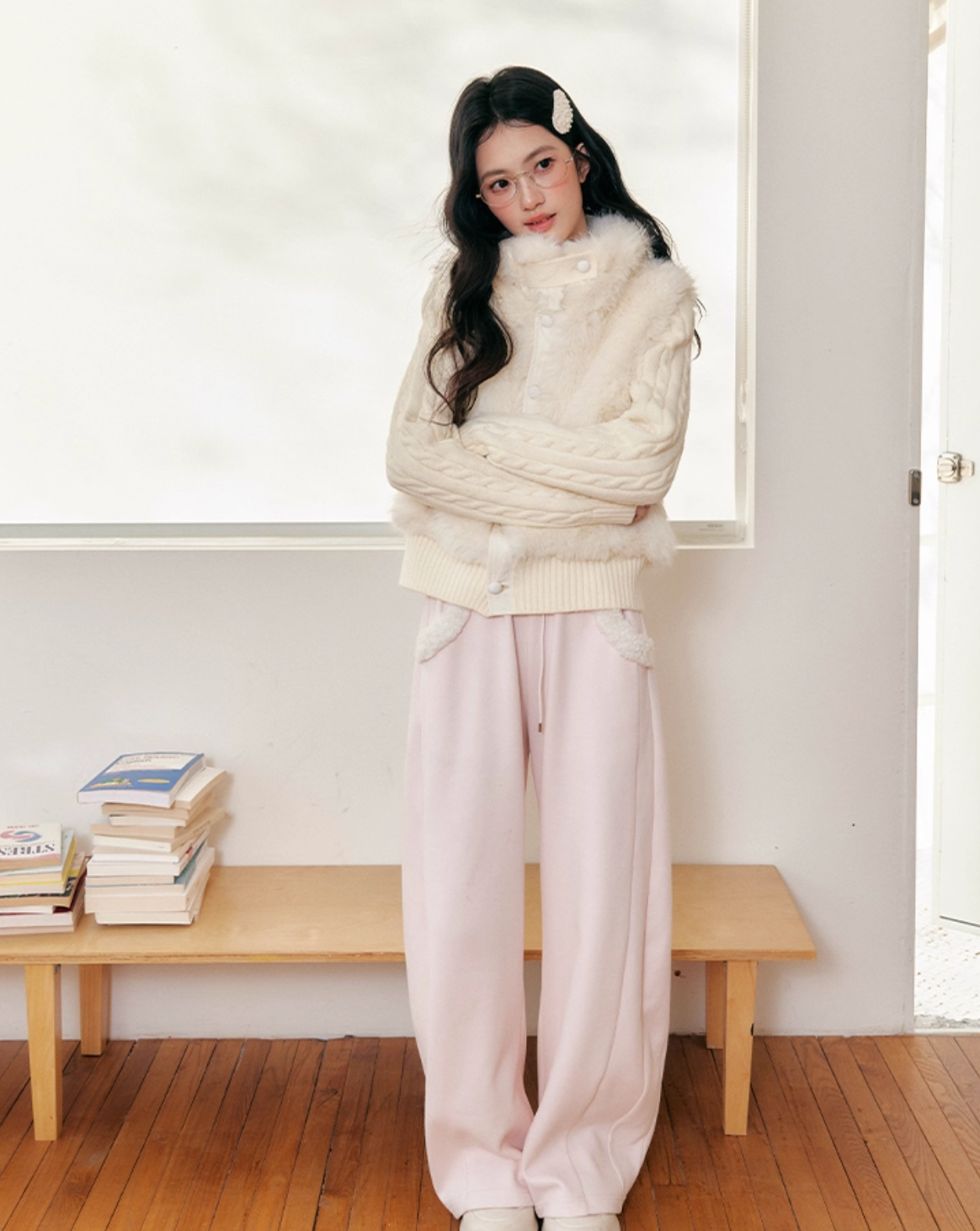 UMOUMO Korean style umoumo patchwork knitted faux mink cotton short coat slimming original design