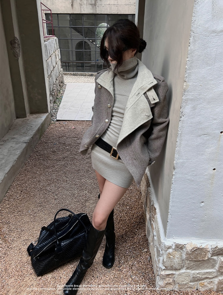Hytemoly wool blend double-sided contrast wool coat classic loose fit, loose and airy short woolen tweed coat