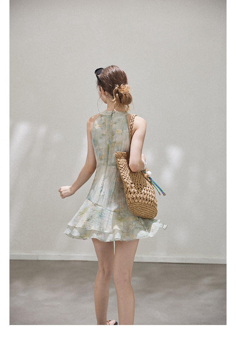 "Monet's ink painting" Callmelater sleeveless tencel halter neck dress with lace trim for the holiday season