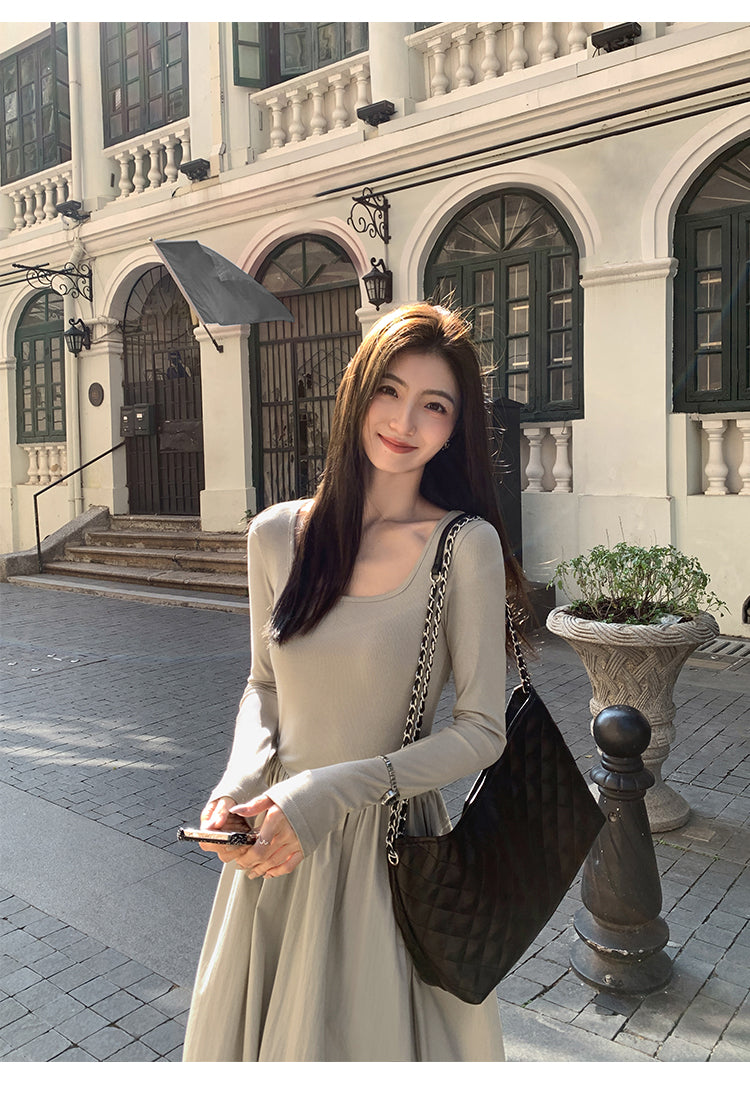 Mulvan High Quality French Style Women's Square Neck Long Sleeve Knit Dress