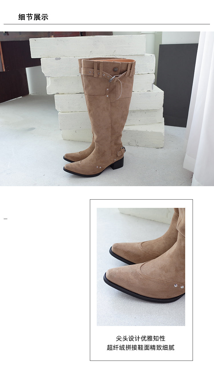 MOOREYU Women's knee high boots autumn winter 2025 women's khaki suede pointed toe boots thick heel thin pleated boots