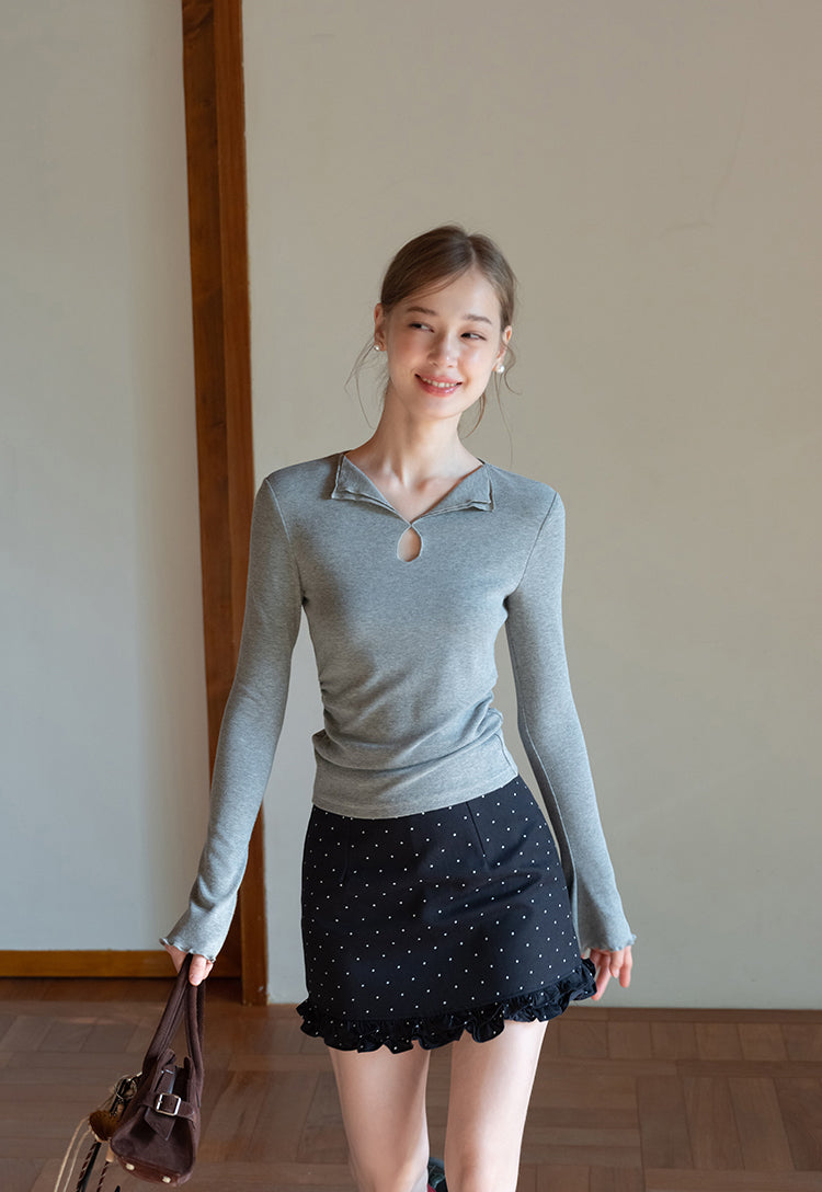 EGGKA Women's long-sleeved V-neck T-shirt with colored trim, new autumn design, slim fit, elegant waistline (sale)