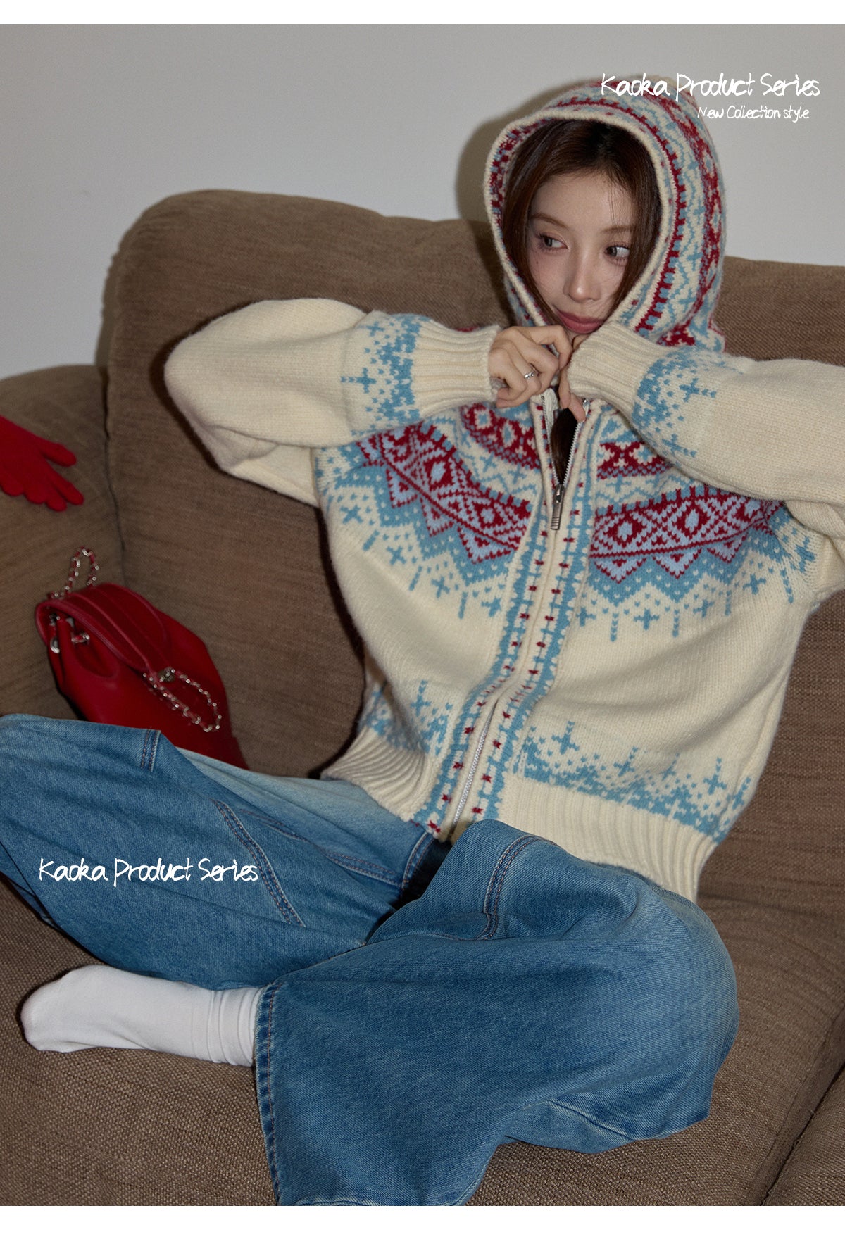 KAOKA Chaochao Fair Isle Beige Christmas Hooded Sweater Women's Long Sleeve Thick Sweater