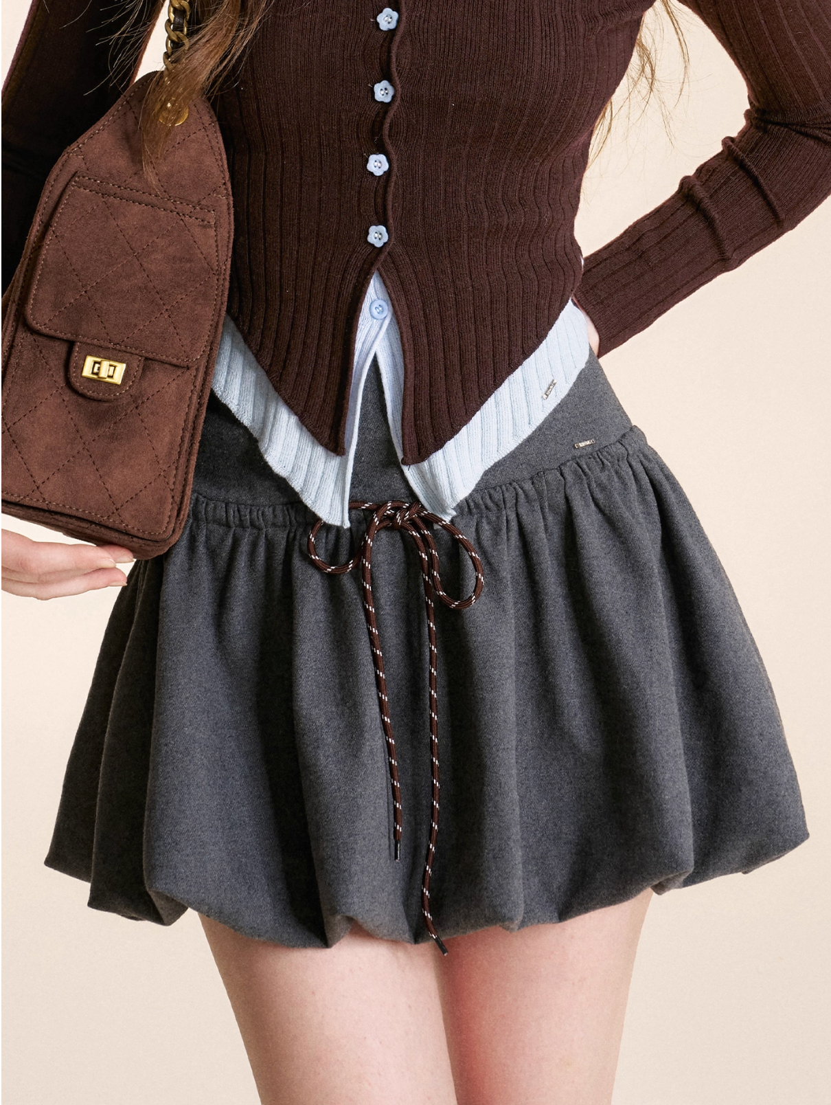 KROCHE Soft wool grey drawstring skirt geek style 2025