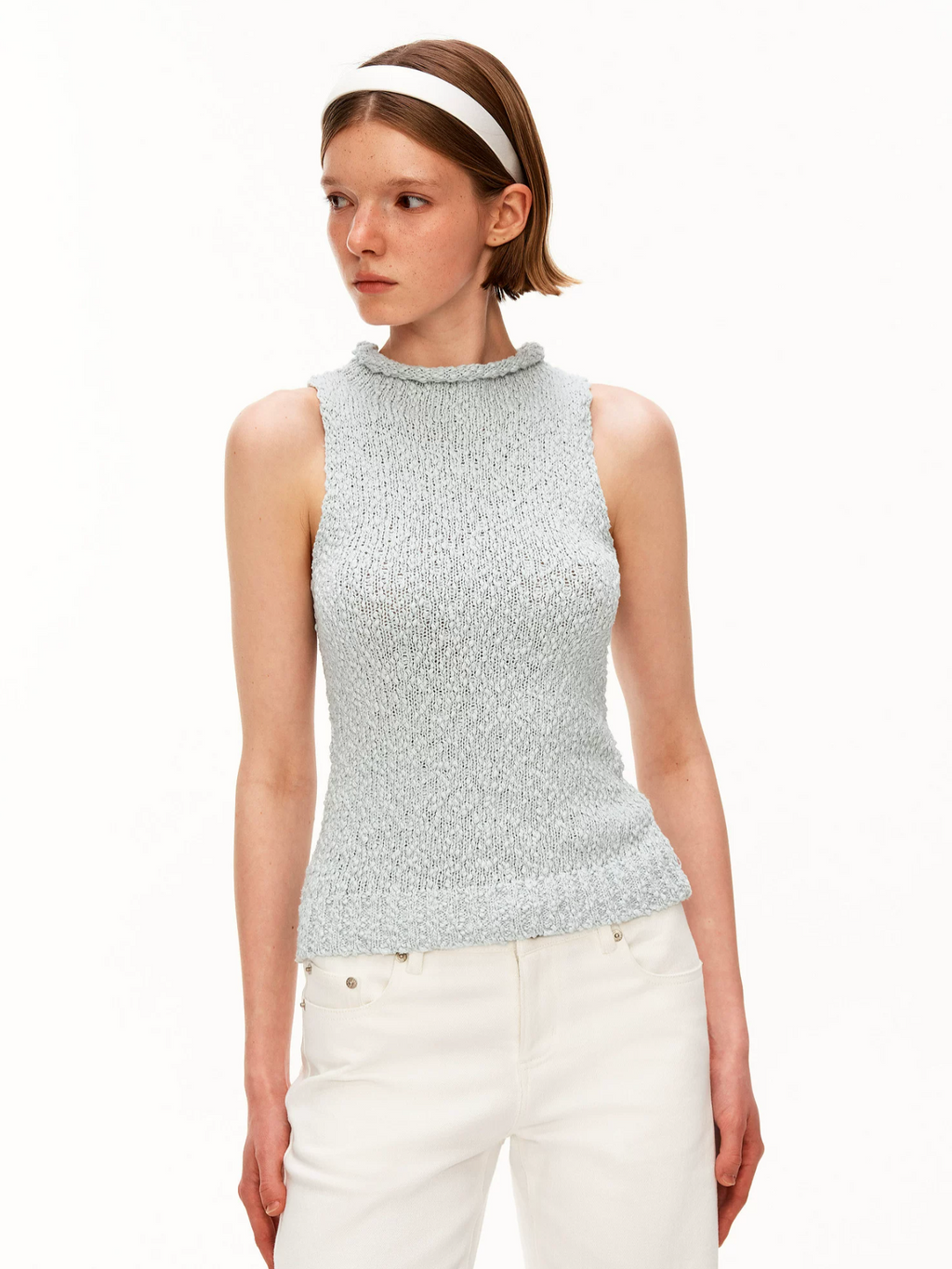 PUKI Sleeveless sweater with high collar, rolled hem, thick cotton material, retro design, tight fit,