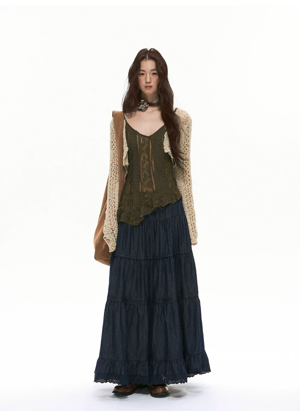 SOOLROK Lace tank top with V-neck, uneven hem, pure and charming, literary style