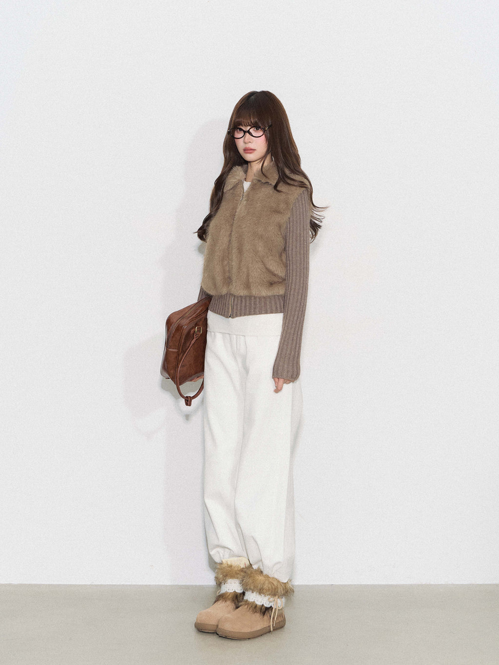 CYNI 【Caramel Afternoon】Millard Retro Plush Patchwork Short Two-Piece Faux Fur Coat for Women