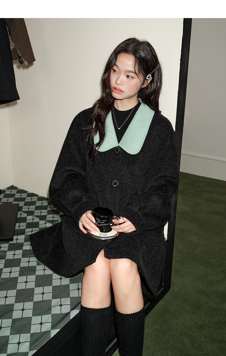 KOUSE Women's 2025 New Autumn Winter Classic Medium-Long Woolen Coat Black and Gray