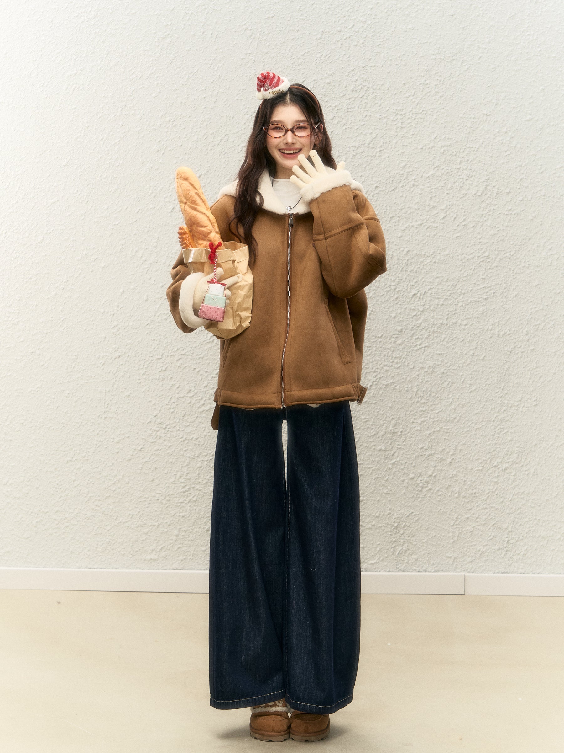 Women's winter warm thick fur coat, warm fur collar, top designed with suede ELEVEN SLEEP