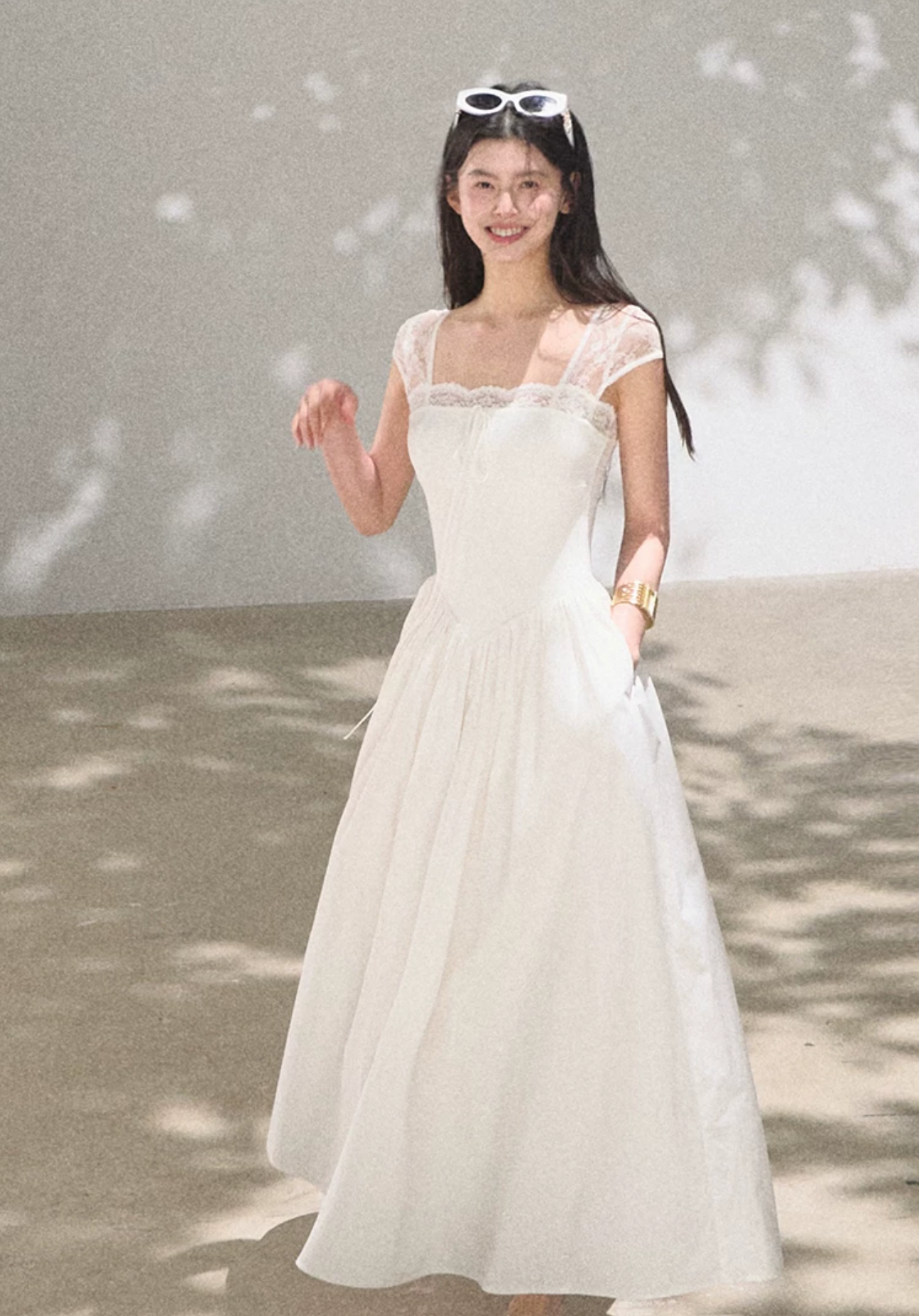 OAKMOO "Gently Pick Up" beach resort style lace slip dress with a waist-hugging skirt.