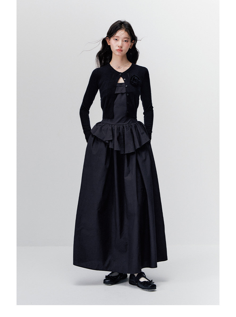 ANNATTO women's retro long-sleeved black rose pattern slim fit maxi dress