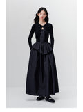 ANNATTO women's retro long-sleeved black rose pattern slim fit maxi dress