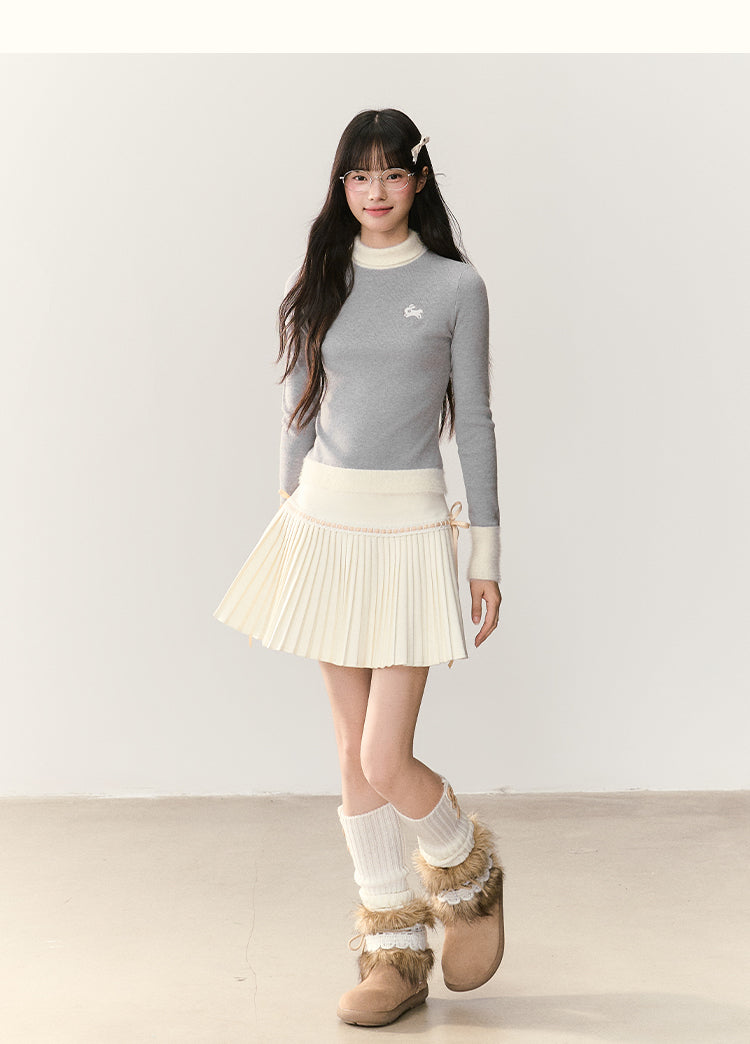 UMOUMO ハイウエストのマッシュルームプリーツミディスカート、レースとリボンのトリム、体型を美しく見せるAラインプリーツスカート