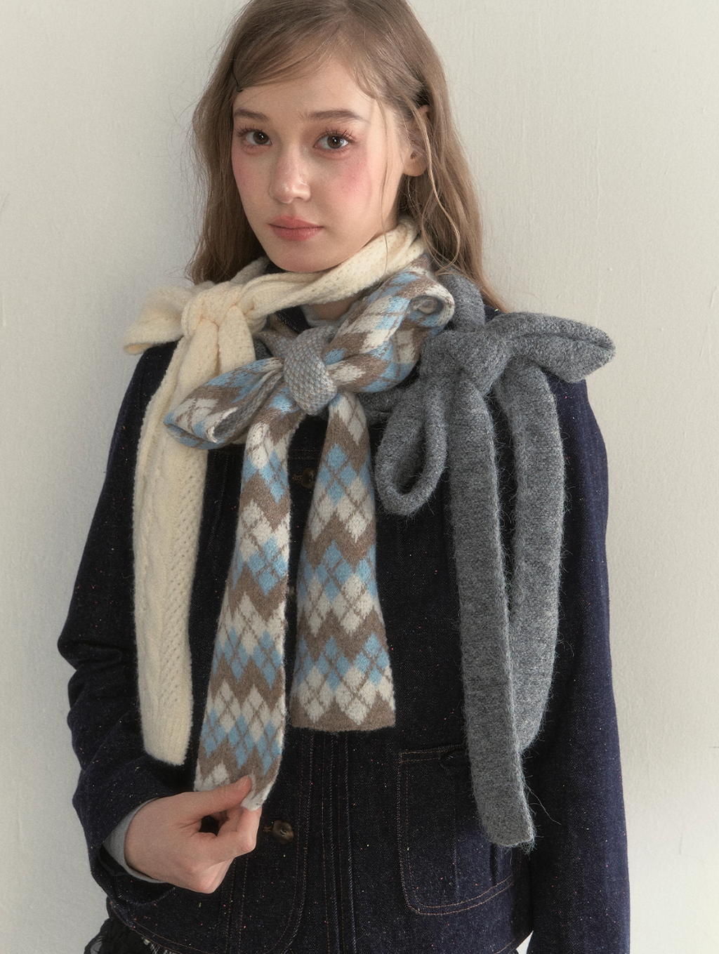 SUNSETPARK trendy retro knitted long scarf with autumn/winter ribbons.