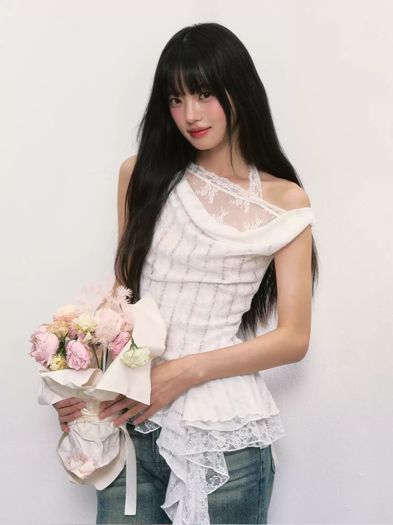 WEEKENDHUB Women's White French Lace Top, High-end Summer Off-the-Shoulder Short Sleeve Design with Asymmetrical Shoulders