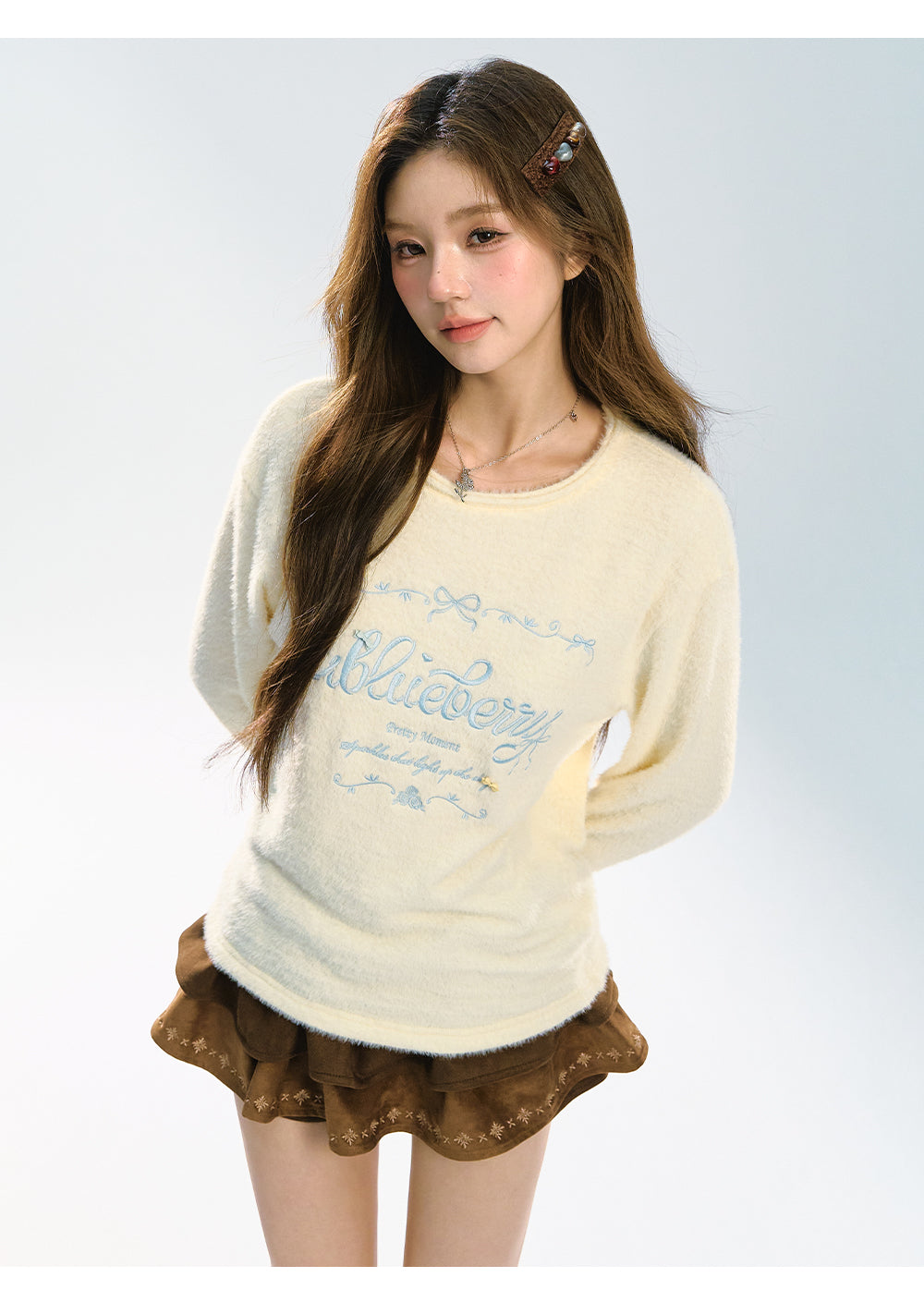 ABLUEBERRY Women's letter embroidered sweater, Autumn Winter, Soft and smooth, Round neck, Loose fit, Cute Korean style