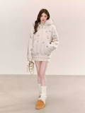 QDQD Cute and warm embroidered velvet jacket with fur collar, hood, thick cotton lining and good warmth.
