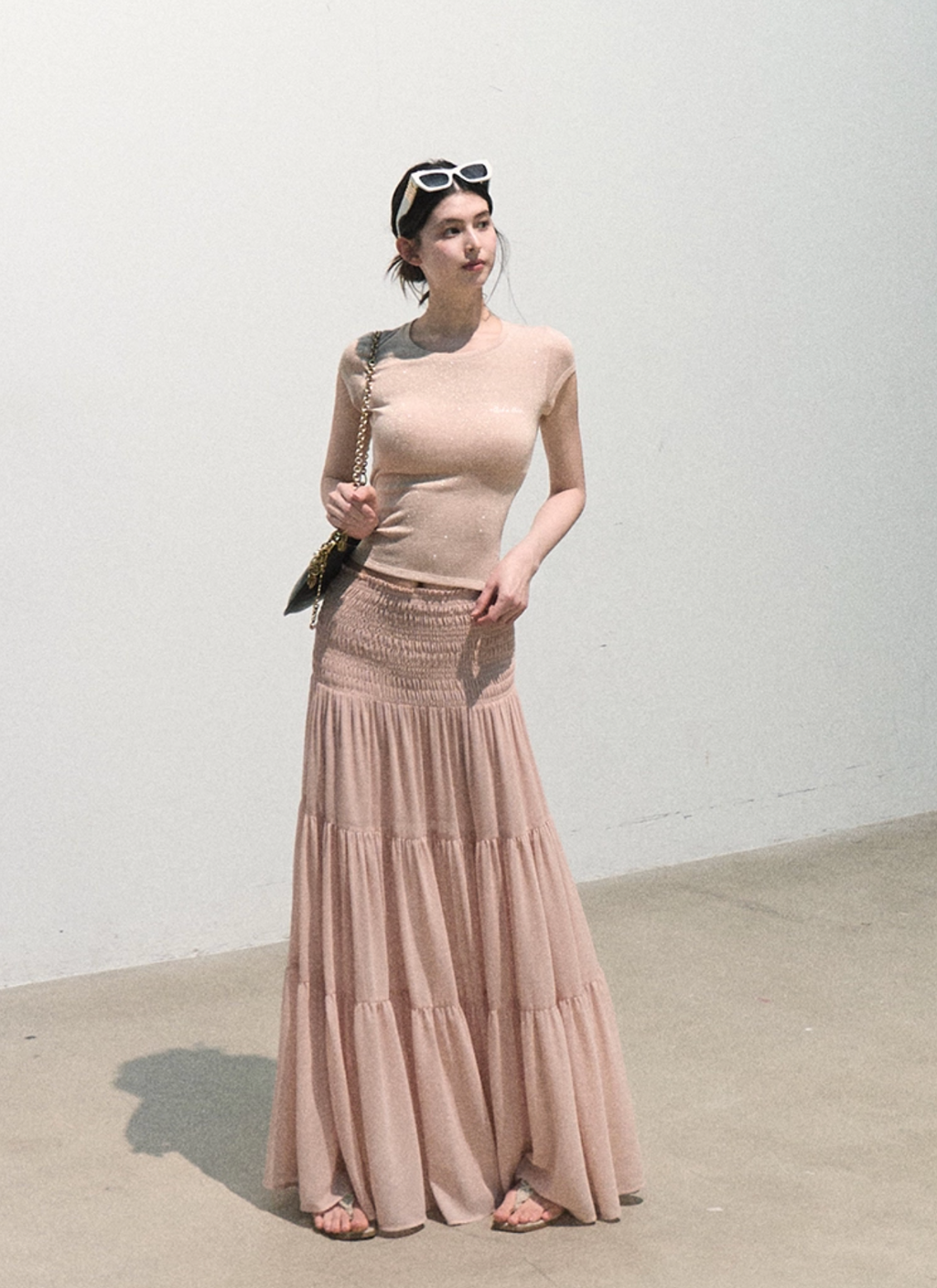OAKMOO "Her Skirt" - Thick pleated A-line dress, pink chiffon summer midi dress.