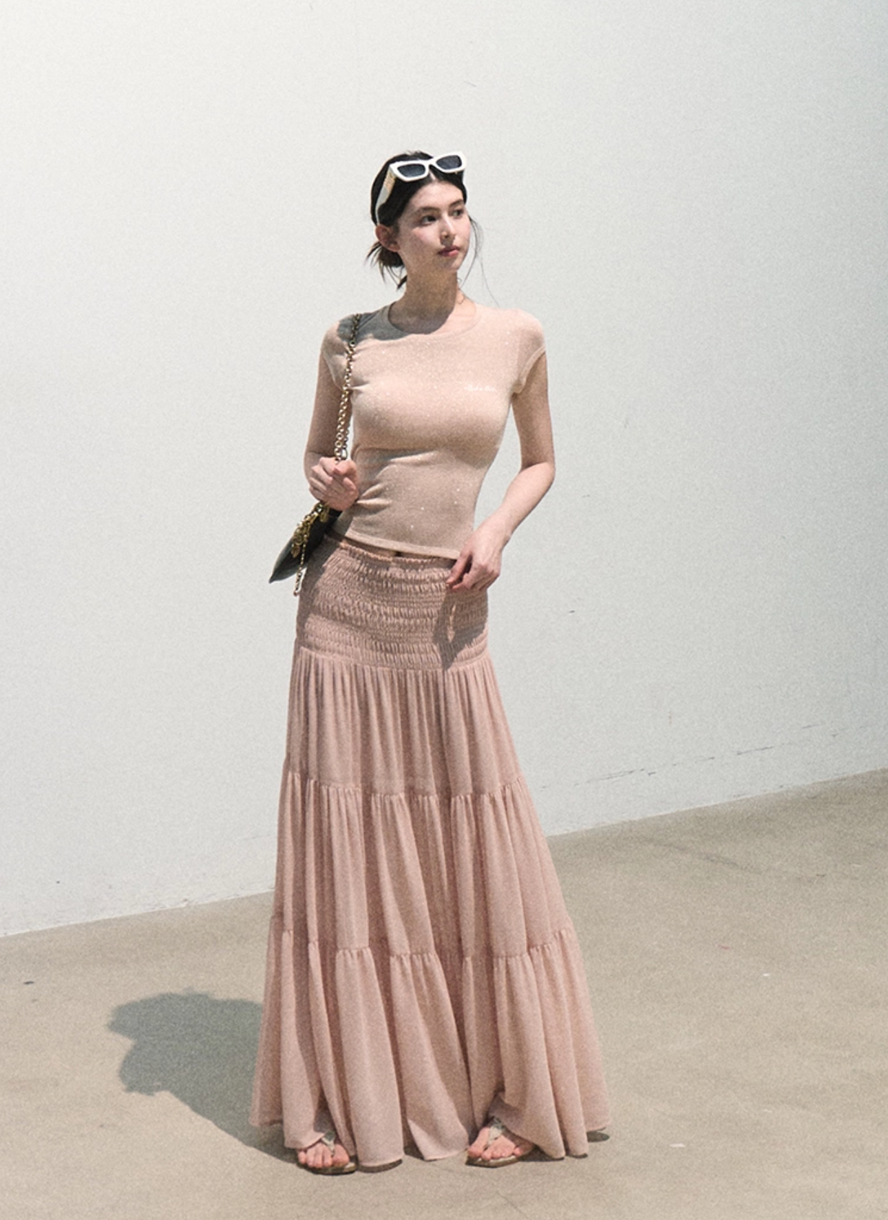 OAKMOO "Her Skirt" - Thick pleated A-line dress, pink chiffon summer midi dress.