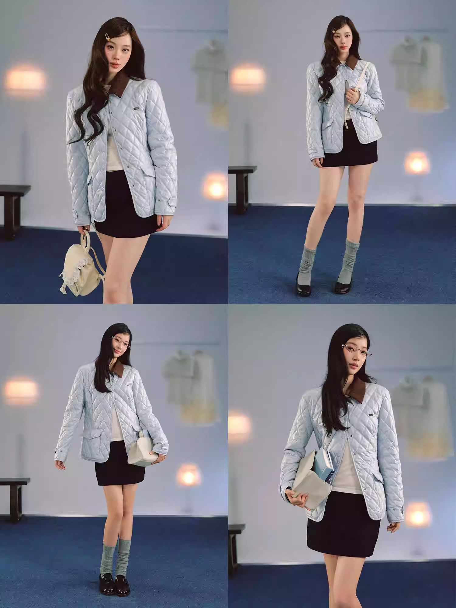 LaluneDuCiel women's cotton jacket with diamond pattern, lightweight, pearlescent, fitted style, contrasting collar, suitable for wearing at home.