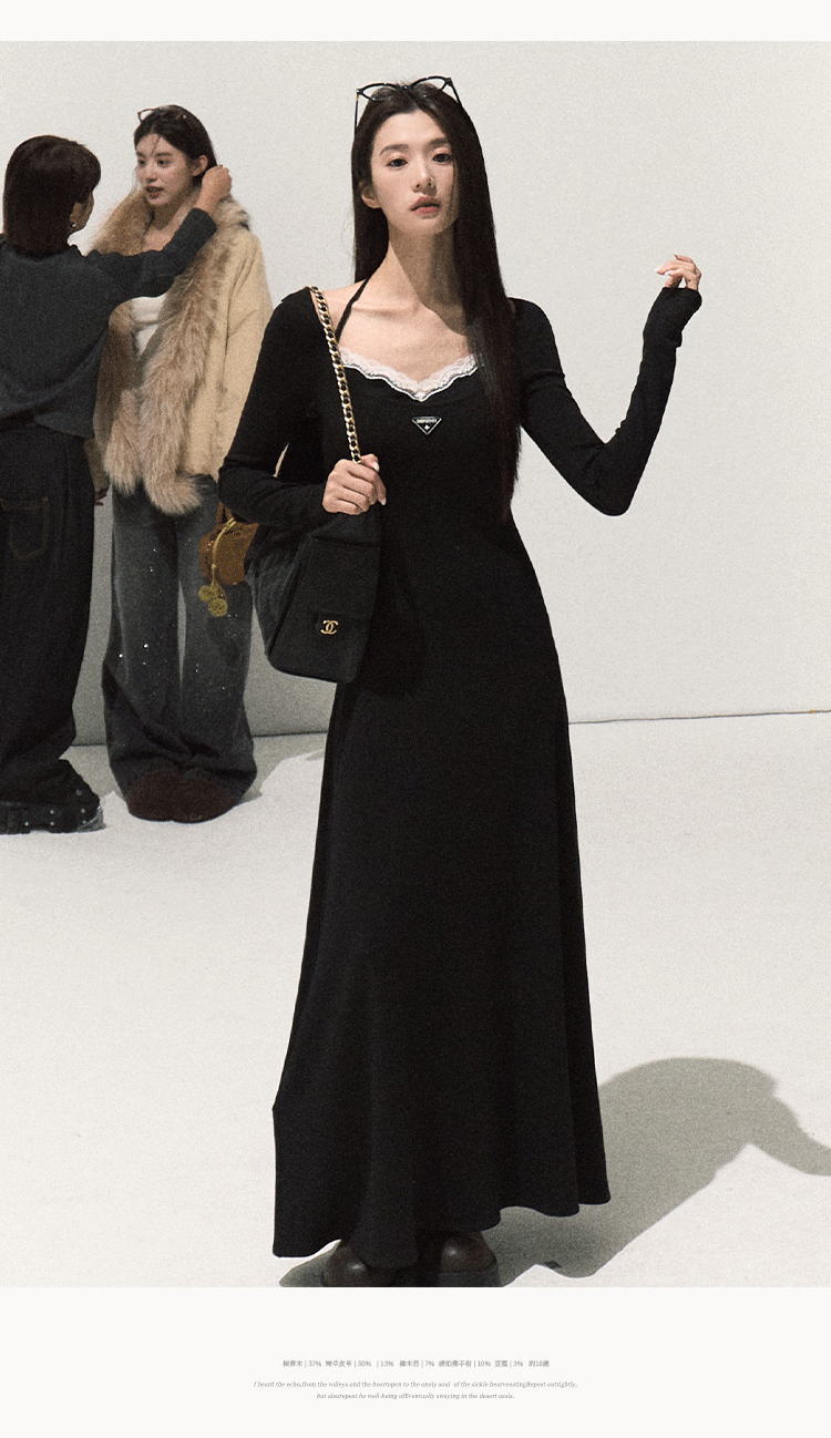 OAKMOO Black Two-piece Long Sleeve Faux Lace Halter Neck Waist Tie Dress, Autumn/Winter Long Dress with Waist Tie