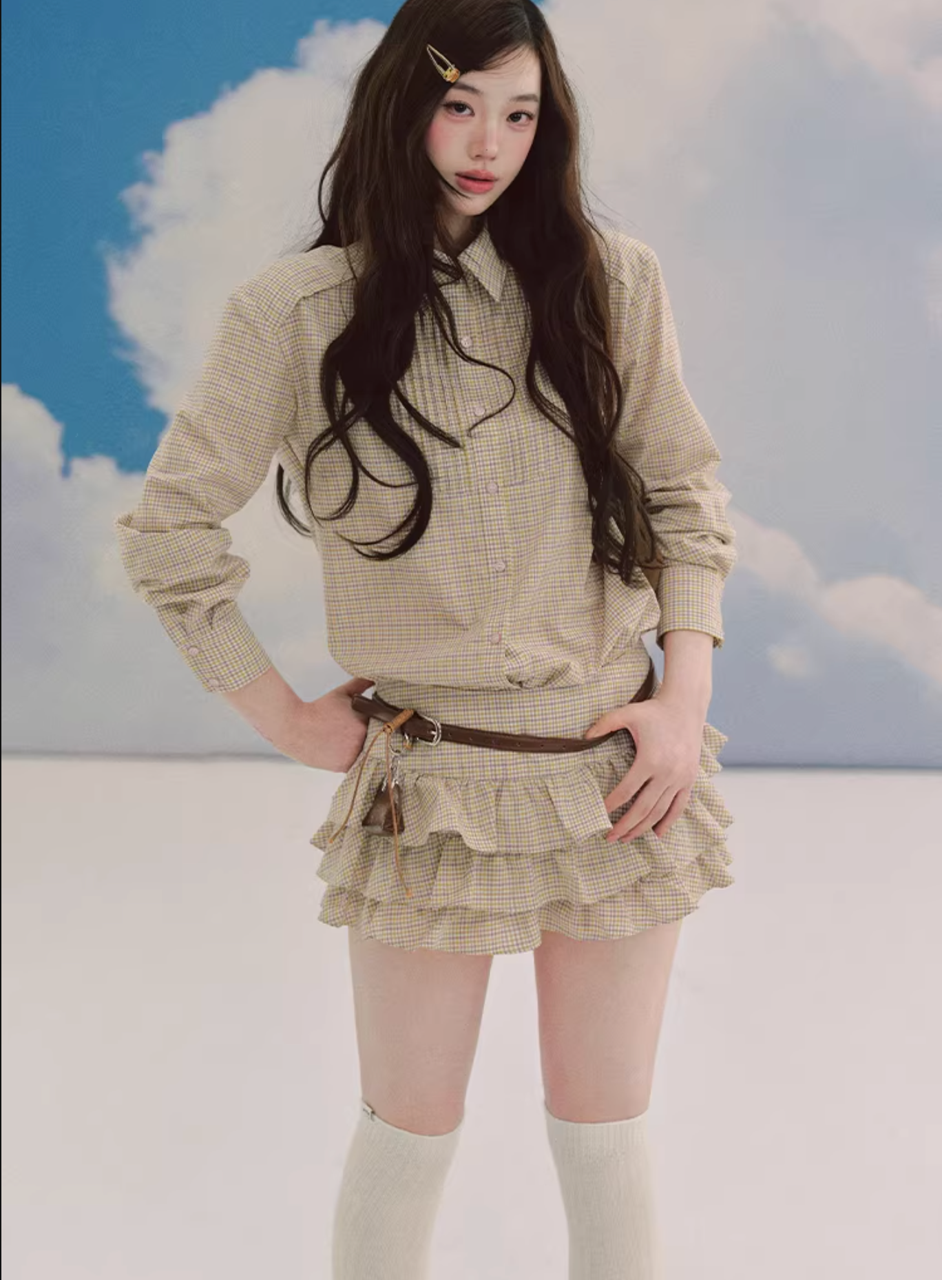 LaluneDuCiel Trendy retro style thick checkered shirt and puffy skirt set for schoolgirls