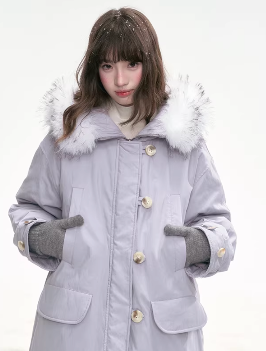 CANSTOREGIRLS Purple 'Twilight Soft Fleece' Long Coat by Canned Goods Store, Warm Down Coat with 90% White Duck Down, International Standard.