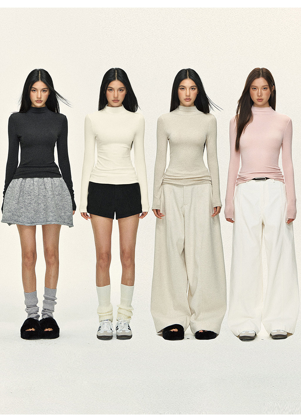 101PASSION Women's Tencel Wool High Neck T-Shirt, Fall/Winter, Solid Color, Slim Fit, Long Sleeves