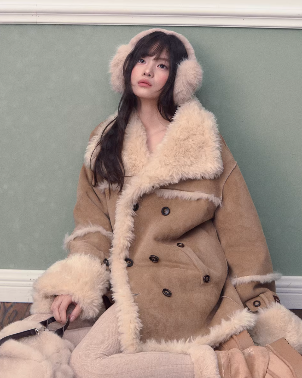 SOOTESEASON Soote Season's original Korean-style loose suede collar fleece jacket, knee-length.