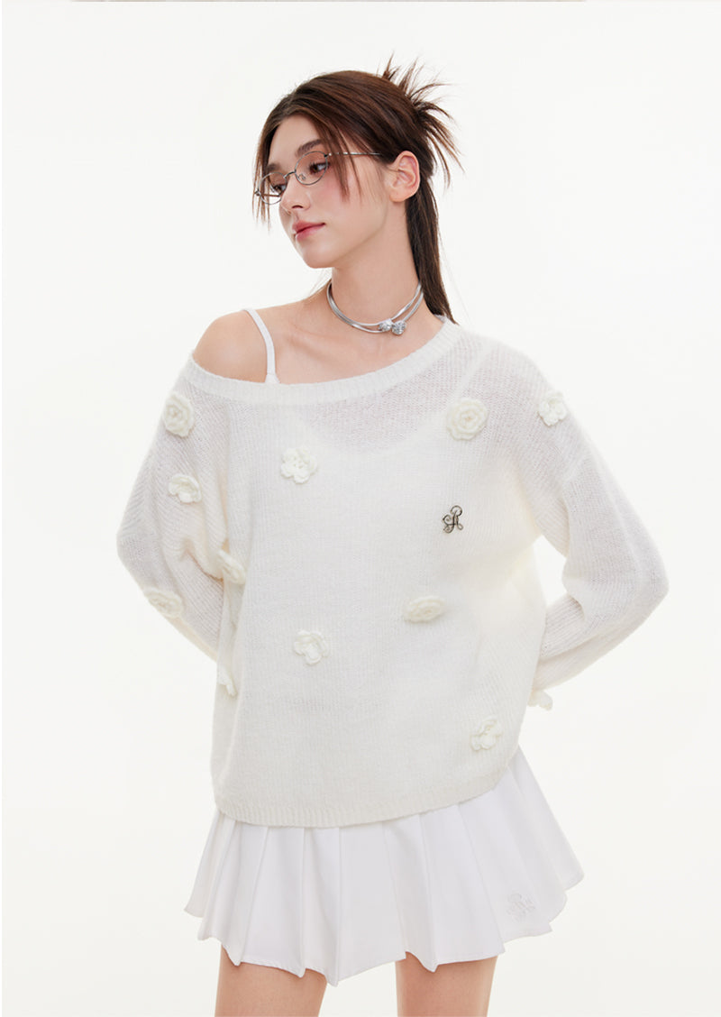 IKYOU women's spring and autumn new flower mohair sweater long sleeve loose fit off-shoulder sweater