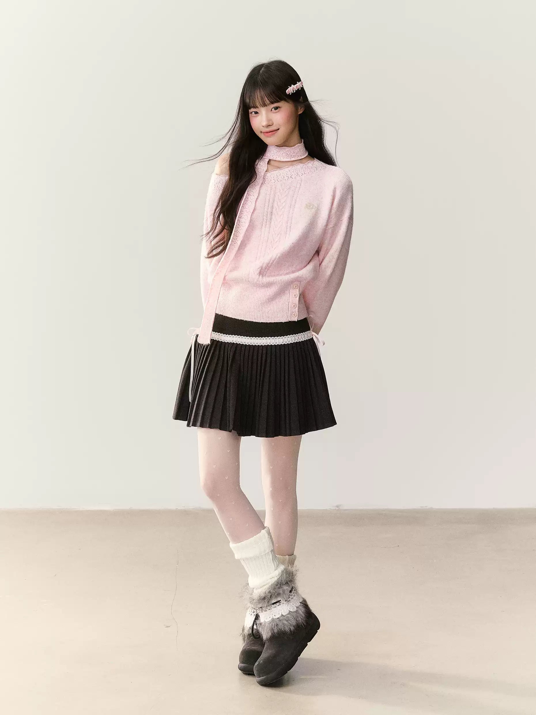 UMOUMO ハイウエストのマッシュルームプリーツミディスカート、レースとリボンのトリム、体型を美しく見せるAラインプリーツスカート