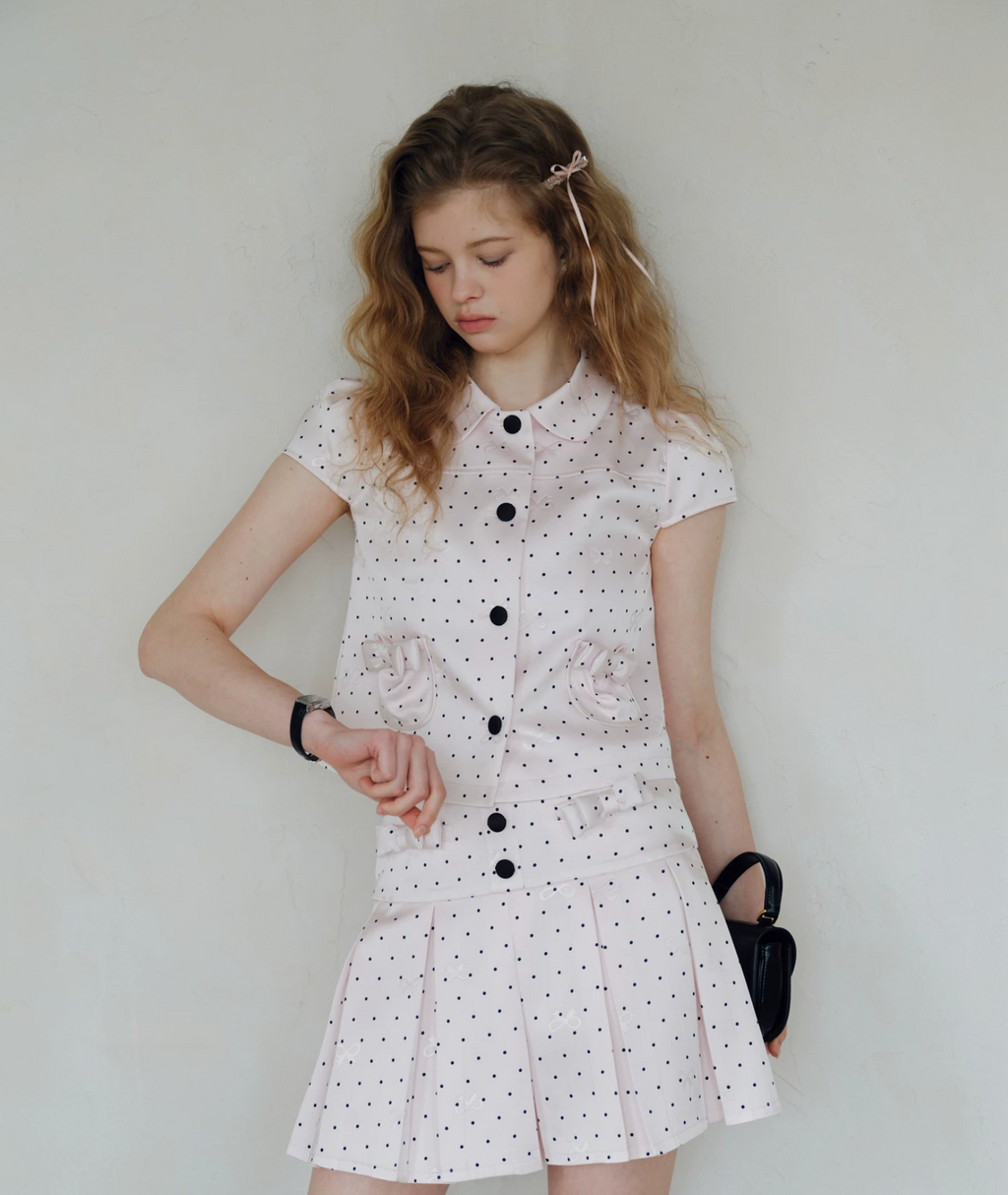 ISISLOVE Pink polka dot bow tie set - Short-sleeved shirt, high-waisted pleated skirt for women