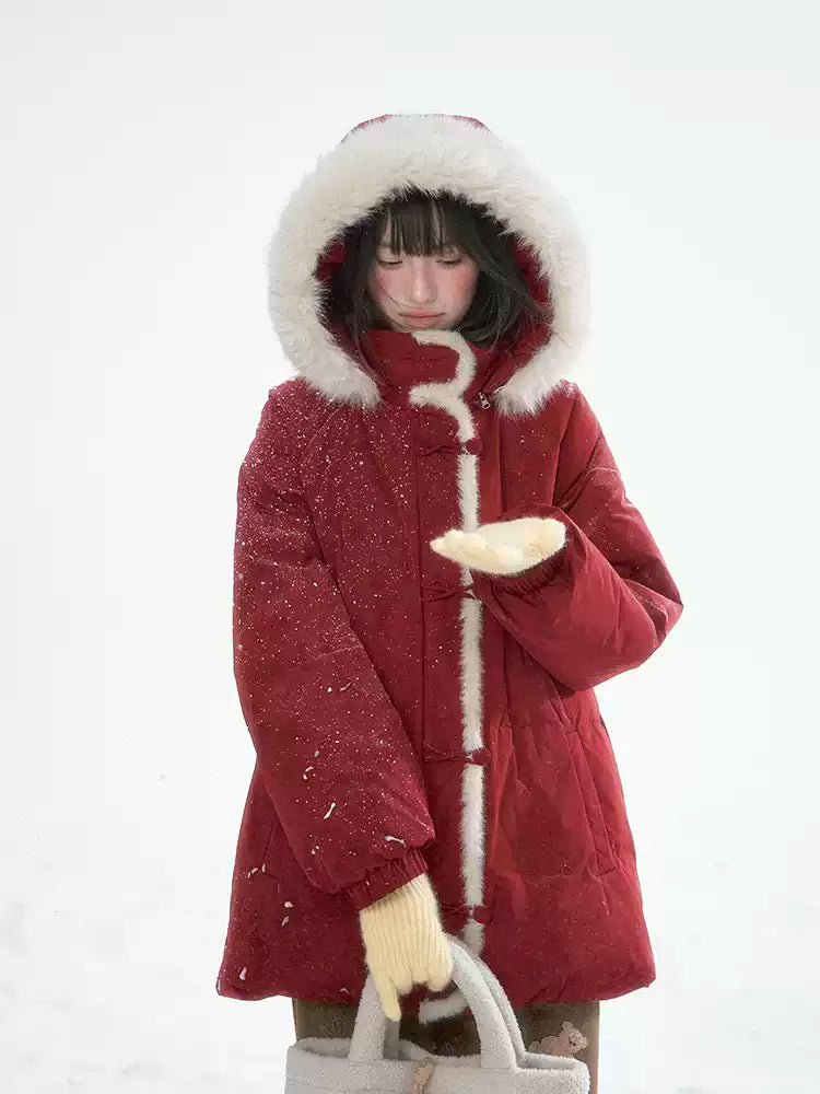 CANSTOREGIRLS New Winter Box Shop Christmas Women's Red Fur Collar Hooded Warm Coat 90% White Duck Down Coat