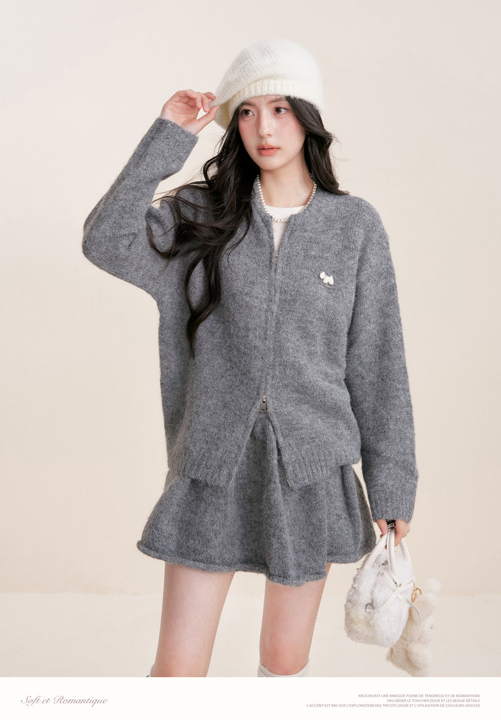 KROCHE Winter Warm A-line Cardigan Sweater Set Gray Double Zipper for Puppy 25aw