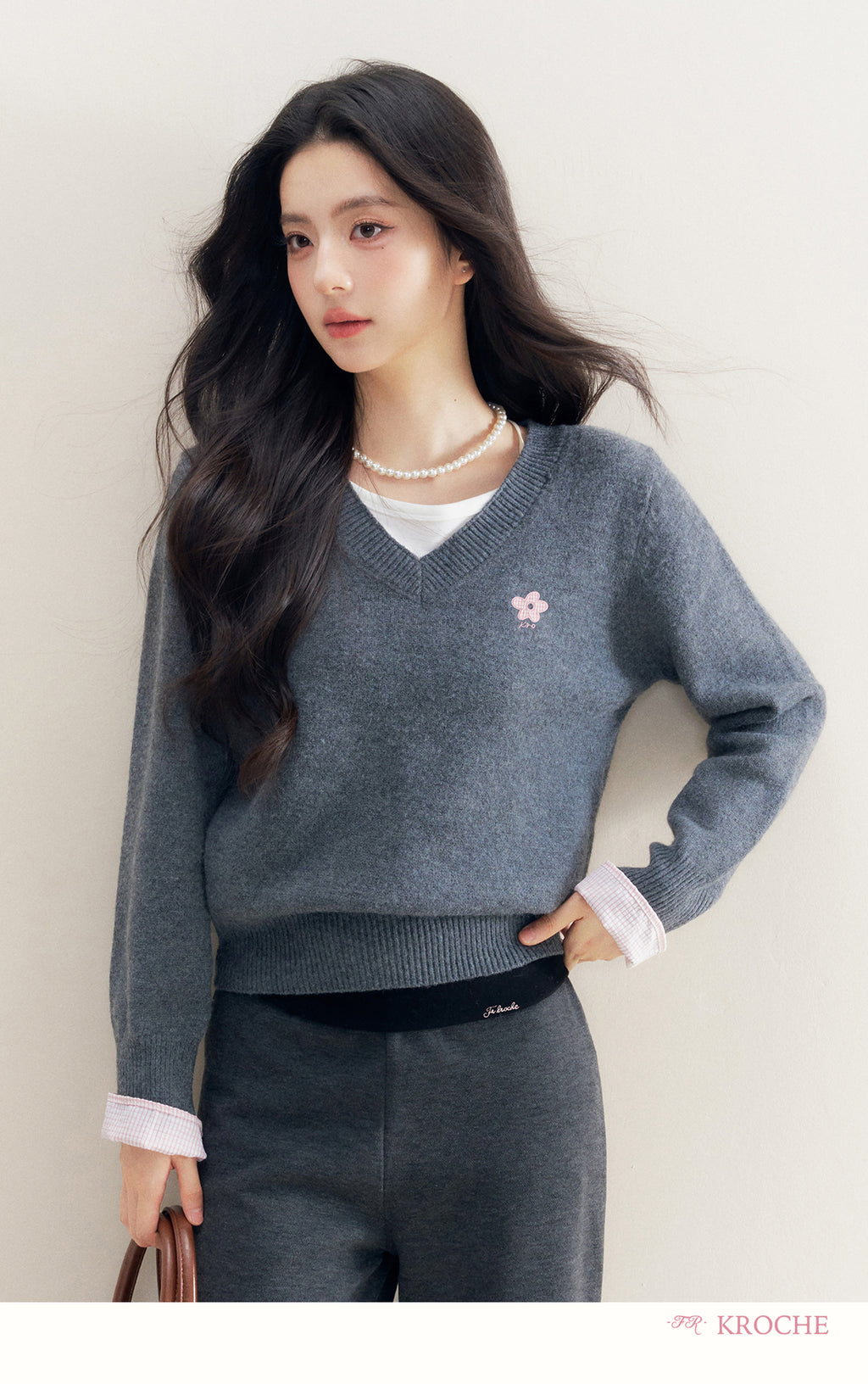 kroche 25AW two piece grey wool blend patchwork v neck sweater with bow