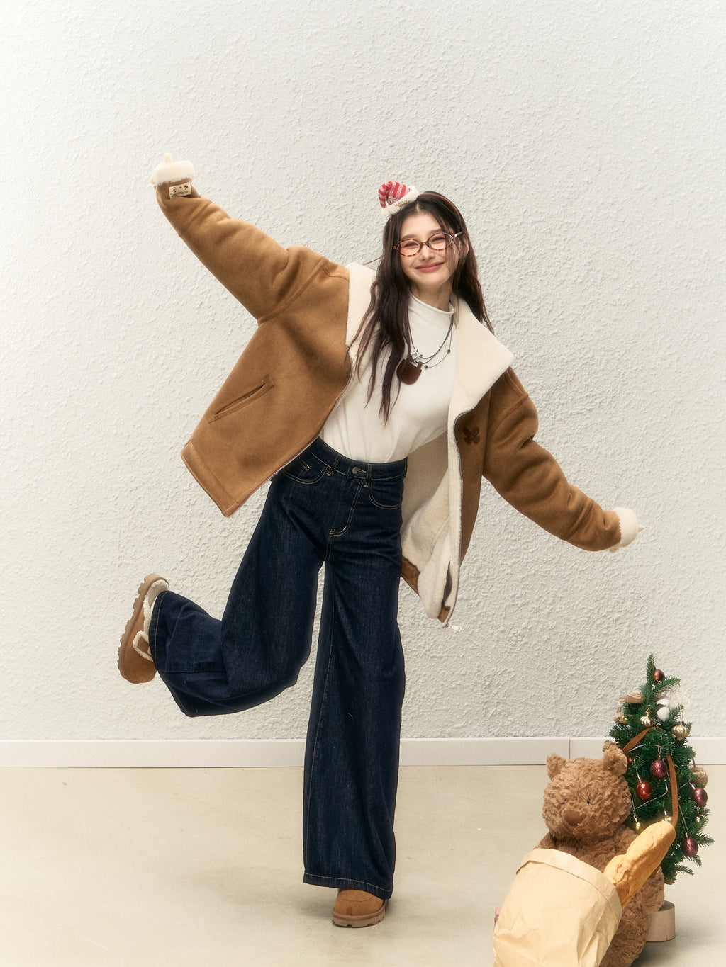 Women's winter warm thick fur coat, warm fur collar, top designed with suede ELEVEN SLEEP