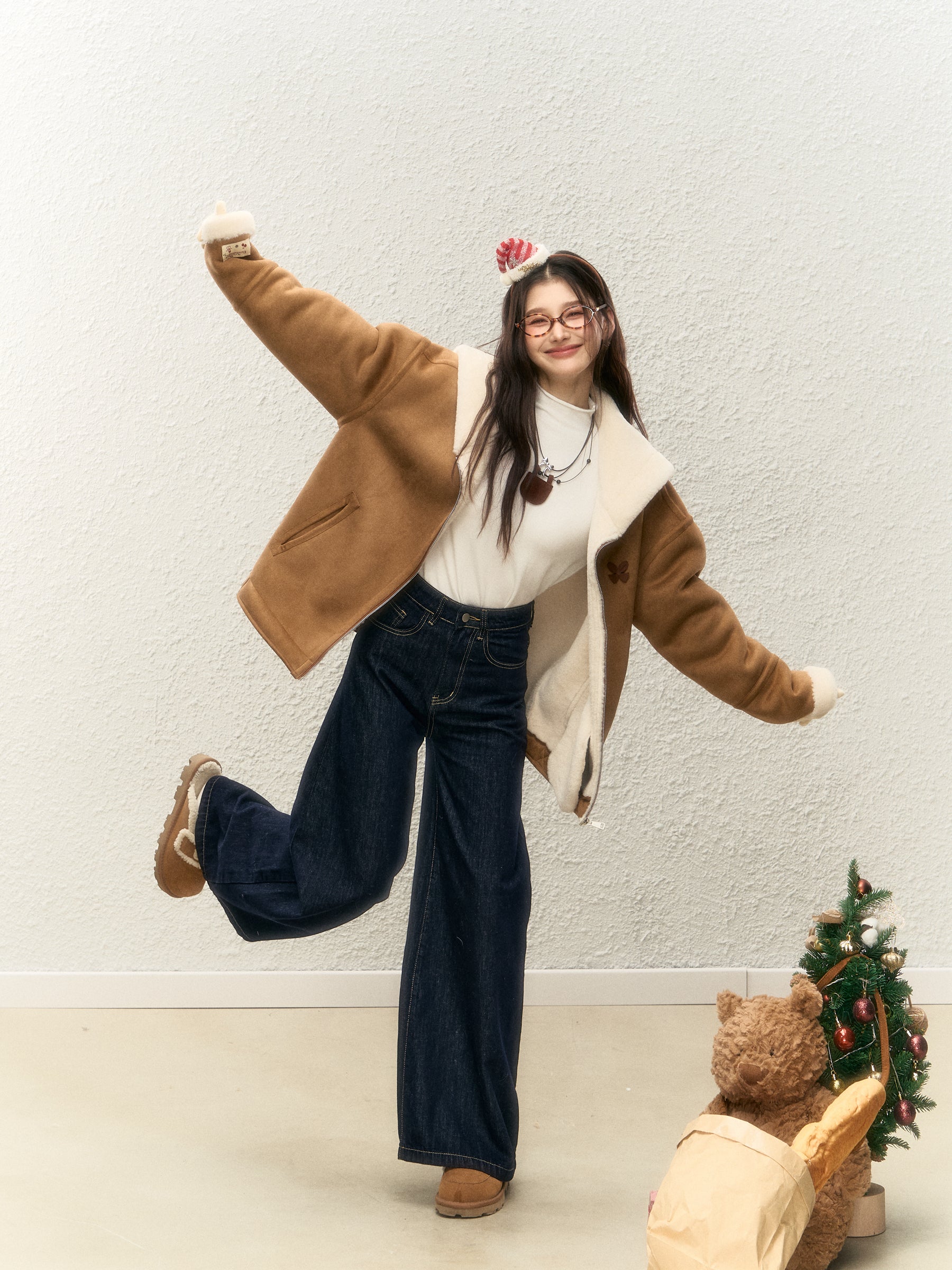 Women's winter warm thick fur coat, warm fur collar, top designed with suede ELEVEN SLEEP