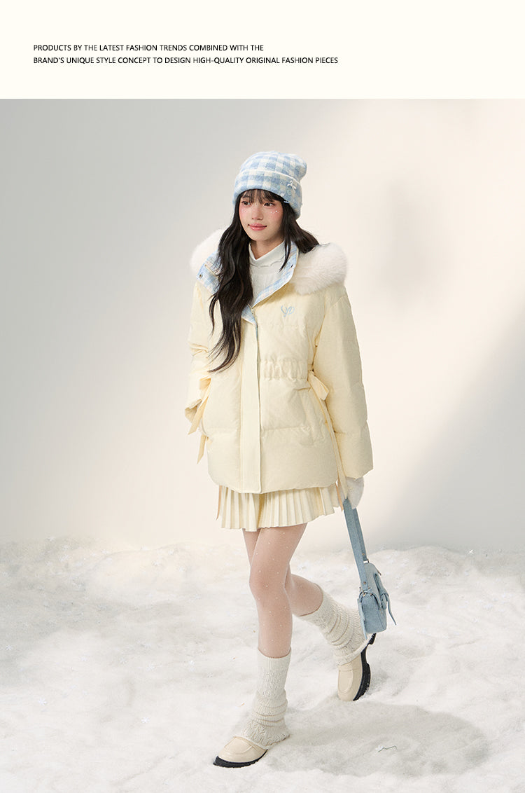 UMOUMO [90% White Duck Down] Mushroom Sweet Waist Slimming Two-Way Placowork Patchwork Down Jacket with Hood and Detachable Fur Collar