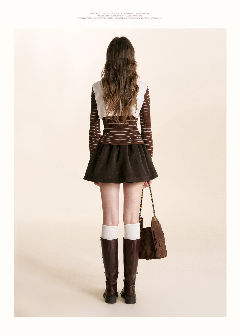 KROCHE A-line mini skirt with drawstring in dark chocolate wool blend color block 25aw