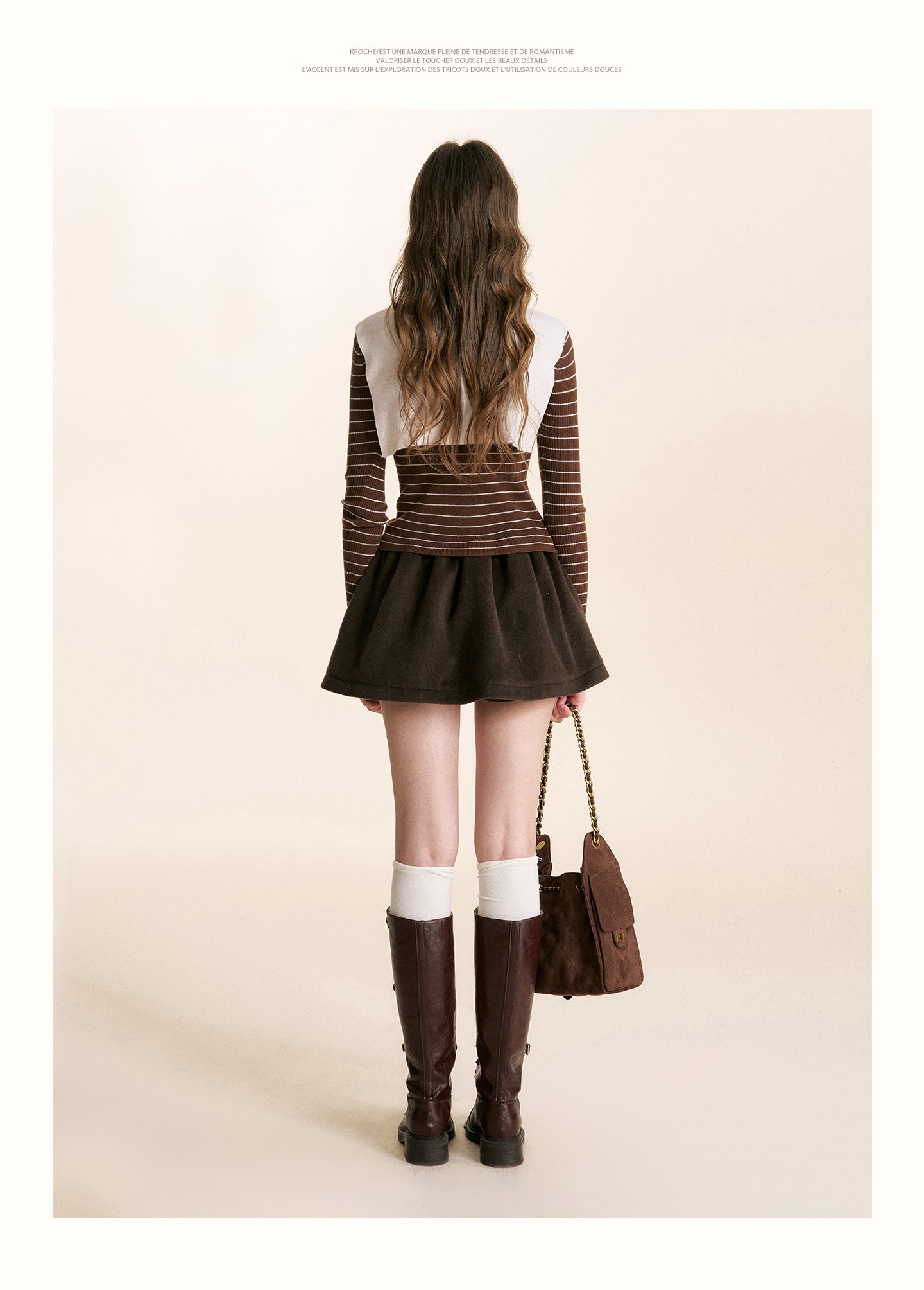 KROCHE A-line mini skirt with drawstring in dark chocolate wool blend color block 25aw